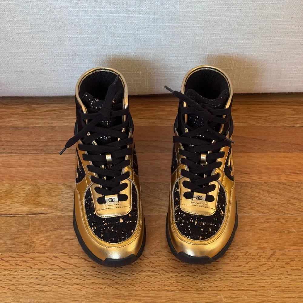 Chanel high top sneakers black and‎ gold with tweed Size 36 1/2